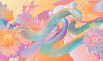 Futuristic Snake Year 2025 Celebration: Elegant Zodiac Party Poster with Geometric Floral Patterns. Stylized Serpent Amidst Dreamy Pastel Hues, Blending Chinese Symbolism and Modern Design. Perfect fo