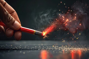 Poster - a person holds a red pencil with a sparkler in their hand, ready to create something creative