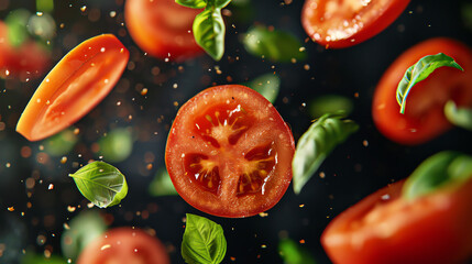 red tomato slices and green basil leaves falling through the air. There are specks of something white scattered throughout the image.