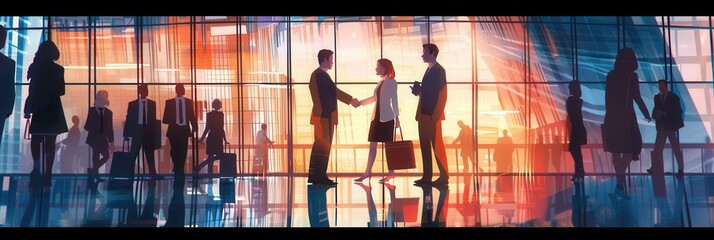 Aufkleber - Two business people are engaged in a handshake outside a contemporary office building, symbolizing collaboration and partnership. Generative AI