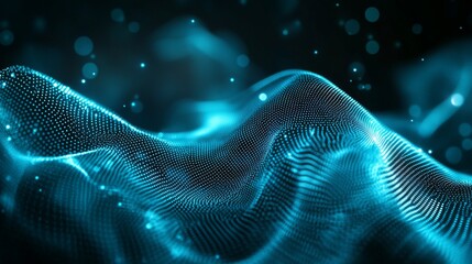 Poster - On a dark background, glowing abstract digital wave particles.
