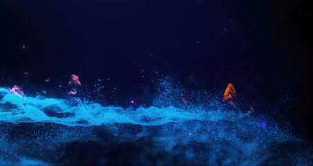 Poster - Abstract moving futuristic landscape of particles and dots of energy magic with glow and blur effect, abstract background