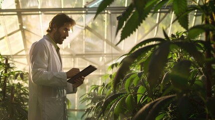 Poster - A man in a lab coat holds a book in a greenhouse, ideal for scientific or educational illustrations
