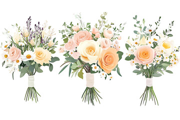 Wall Mural - Set of hand-drawn bouquet of spring flowers isolated on white background. Floral composition. illustration