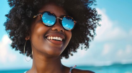 Poster - A woman with curly hair is smiling and wearing sunglasses