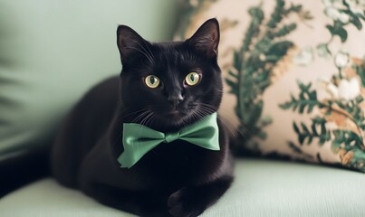 all black cat with a big green ribbon sitting in a green themed pretty green vintage room, Generative AI