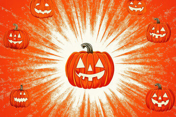 Jack o lantern halloween pumpkin face radial gradient orange background.