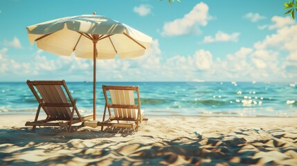 Relaxing beach scene with two lounge chairs under a white umbrella, perfect for soaking up the sun.