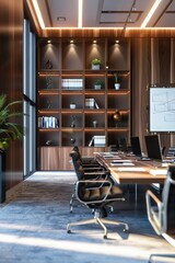 Poster - a professional setting with chairs and a large screen for presentations or meetings