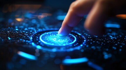 Poster - a close-up view of a finger touching a glowing blue interface at night