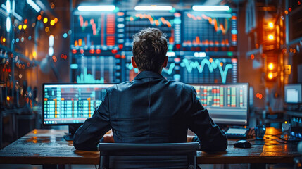 Poster - Stock trader working late, illuminated by city lights through a large window