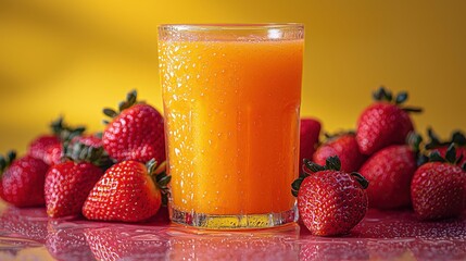 Wall Mural - Glass of Orange Juice and Fresh Strawberries on a Pink Surface