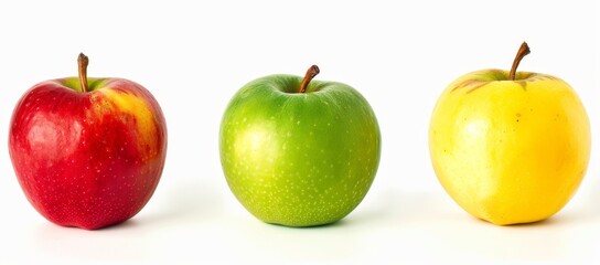 3 apples, a red apple on the left, a green and a yellow in between, isolated on white transparent background.