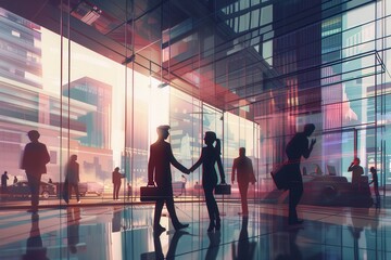 Poster - Business partners shake hands in a professional setting, showcasing a moment of agreement and collaboration in a vibrant urban environment. Generative AI