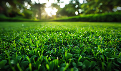 Wall Mural - A lush green field with a few small plants in the foreground