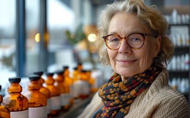 Wall Mural - A woman with glasses and a scarf is smiling in front of a display of bottles