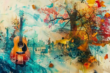 Wall Mural - Summer Music Collage, Surreal Trendy Contemporary Poster, Fall Music Concept