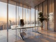 © Beersing93 - Illustration of 'A tranquil, minimalist workspace with a glass and metal table, a single ergonomic chair, and a panoramic view of a city skyline through floor-to-ceiling windows.' Ai Generate.