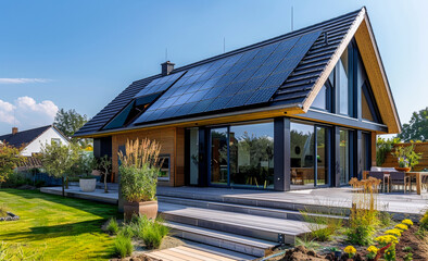 Wall Mural - A large house with a lot of windows and a solar panel on the roof