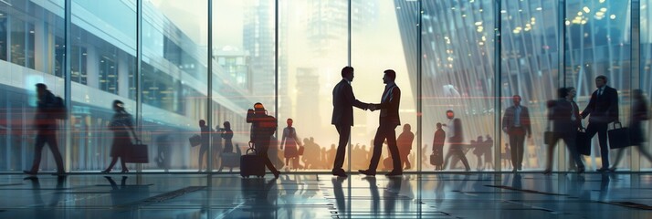 Poster - Two professionals engage in a handshake outside a contemporary office, surrounded by bustling colleagues and a vibrant urban atmosphere. Generative AI
