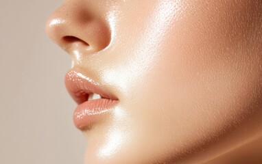 close-up of a woman's face with glowing, healthy skin. the photo highlights the natural beauty of th