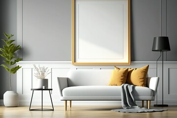 Wall Mural - Modern living room interior with a white sofa, a golden frame, a floor lamp, and a plant.