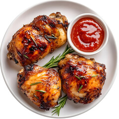 Delicious homemade fried chicken with rosemary  with ketchup on a plate top view isolated on white background