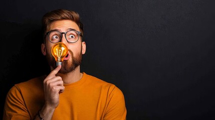 A thoughtful man holds a light bulb, symbolizing creativity and ideas, against a dark background for a striking visual effect.