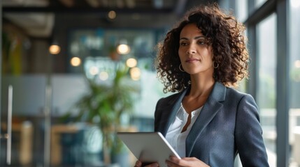 Poster - A woman in a business suit holding a tablet