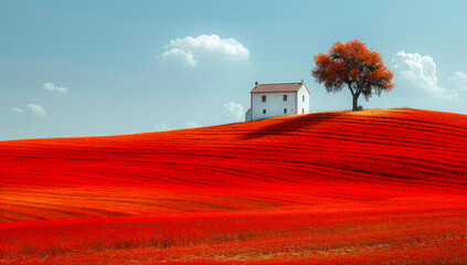 Wall Mural - A red field with a white house and a tree in the middle