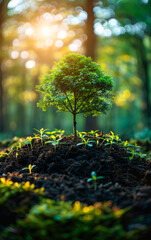 Wall Mural - A small tree is growing in a dirt patch in the woods. The tree is surrounded by other plants and the dirt is brown.