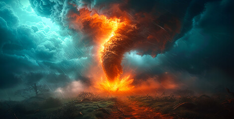 Poster - A fiery tornado is blowing through a field of trees. The sky is dark and stormy, with lightning flashing in the distance.
