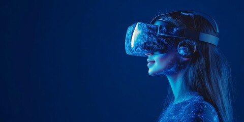 Futuristic Business Innovation: Woman with VR Headset Exploring AI Technology in Modern Office. Interactive Holographic Display Showcasing Machine Learning Applications for Education and Corporate Tra