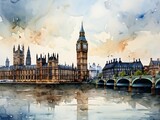 Fototapeta Big Ben - Watercolor Depiction of the Houses of Parliament and Big Ben in London