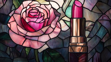 stained glass window with flowers, pink rose and lipstick, rose in glass, stained glass rose, stained glass window, lipstick, cosmetic