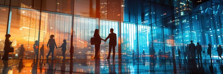 Aufkleber - Business partners formally greet each other with a handshake outside a modern office building against a vibrant sunset backdrop. Generative AI