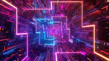 Wall Mural - 4K illustration of an abstract glowing neon light rectangle frame against a background.