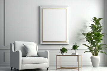 Wall Mural - Modern living room with white armchair, gold framed picture, and plants.