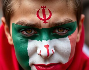  boy with painted face and flag of iran.