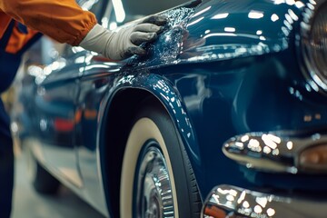 Wall Mural - Specialist restoring dented car fenders for flawless finish   conceptual auto body repair