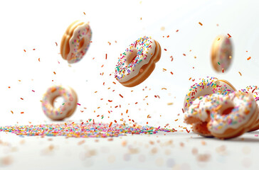 Wall Mural - Several donuts with colorful sprinkles flying in the air against a white background