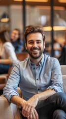 Aufkleber - A man is sitting on a couch with a smile on his face