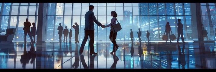 Aufkleber - Two businesspeople shake hands in a sleek office space, highlighting a successful partnership under the evening city skyline. Generative AI
