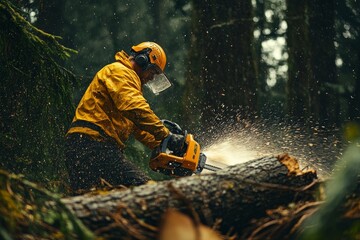 Yellow jacketed man using chainsaw to cut down tree captured in photography shot