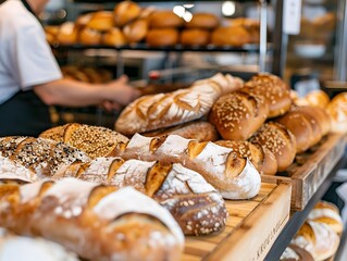 close up of a baker's fresh loaves in bakery