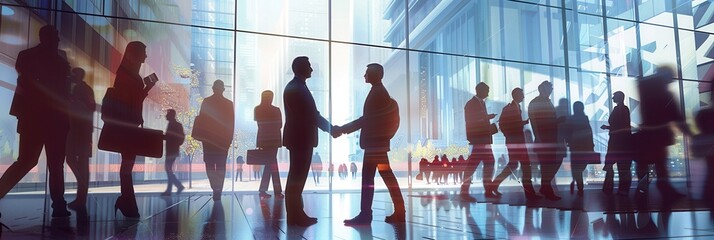 Aufkleber - Two business people shake hands confidently in front of a contemporary office building, symbolizing partnership and collaboration. Generative AI