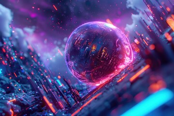 Poster - A futuristic cityscape with a large glowing sphere in the center, suitable for use in sci-fi or technological illustrations
