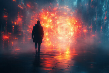 Aufkleber - Abstract image of a digital traveler navigating a labyrinth of glowing geometric shapes,