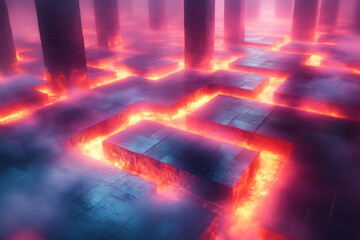 Aufkleber - Abstract image of a digital traveler navigating a labyrinth of glowing geometric shapes,