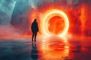 Poster - Futuristic depiction of a digital explorer stepping through a portal into a world of luminescent geometric forms,